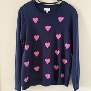 J Crew Teddie Sweater Navy Blue Pink Hearts Long Sleeve Lightweight, Size Small